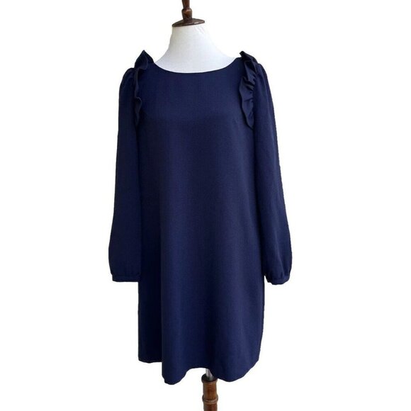 Chelsea28 Womens Navy Blue Long Sleeve Ruffle Shift Dress Size 14 - Picture 1 of 10